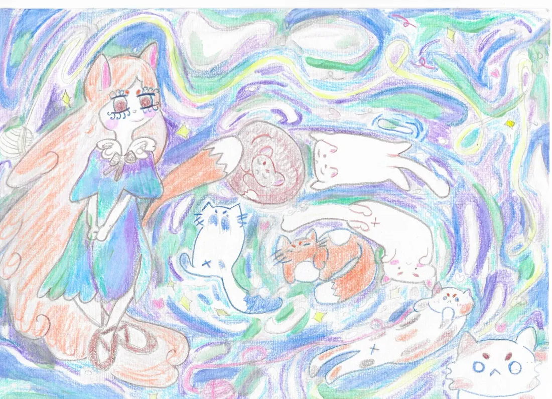 The cats’ current, coloured pencil