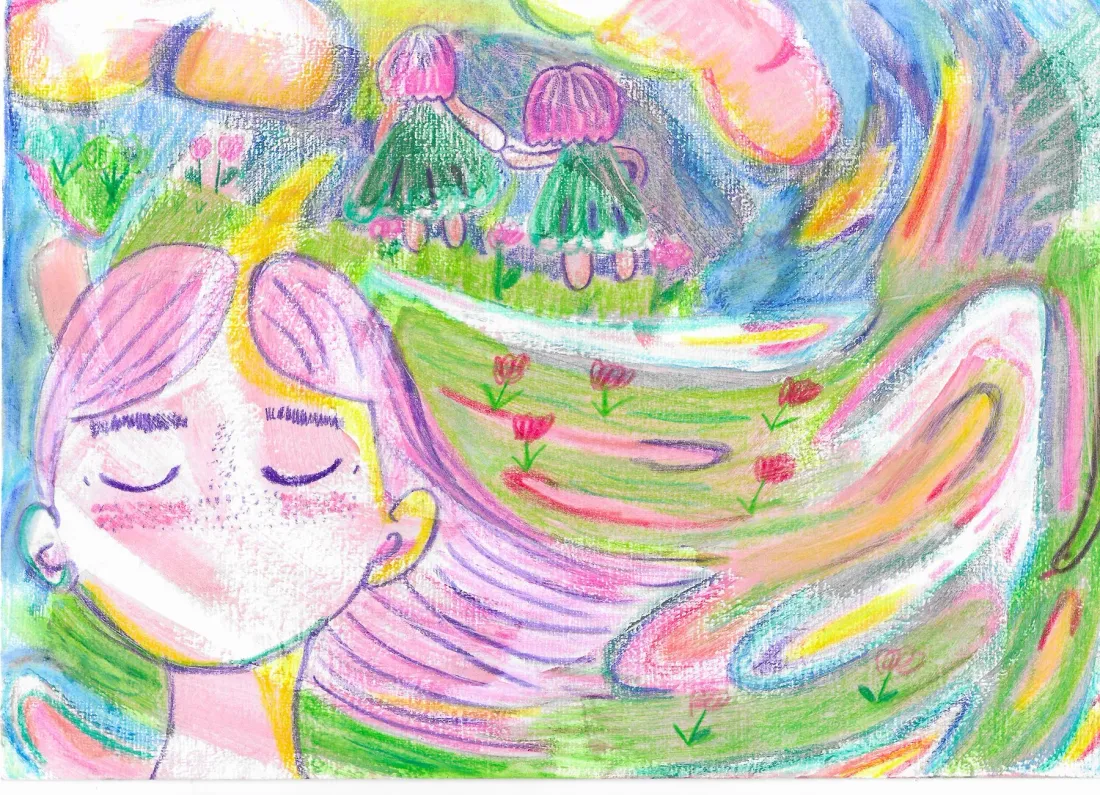 Mushroom reverie, coloured pencil