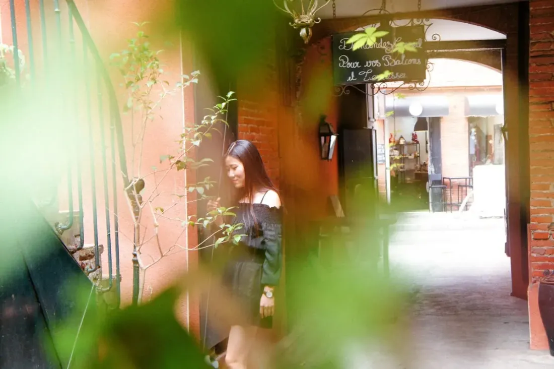 Glimpsed through the greenery of a brick passage