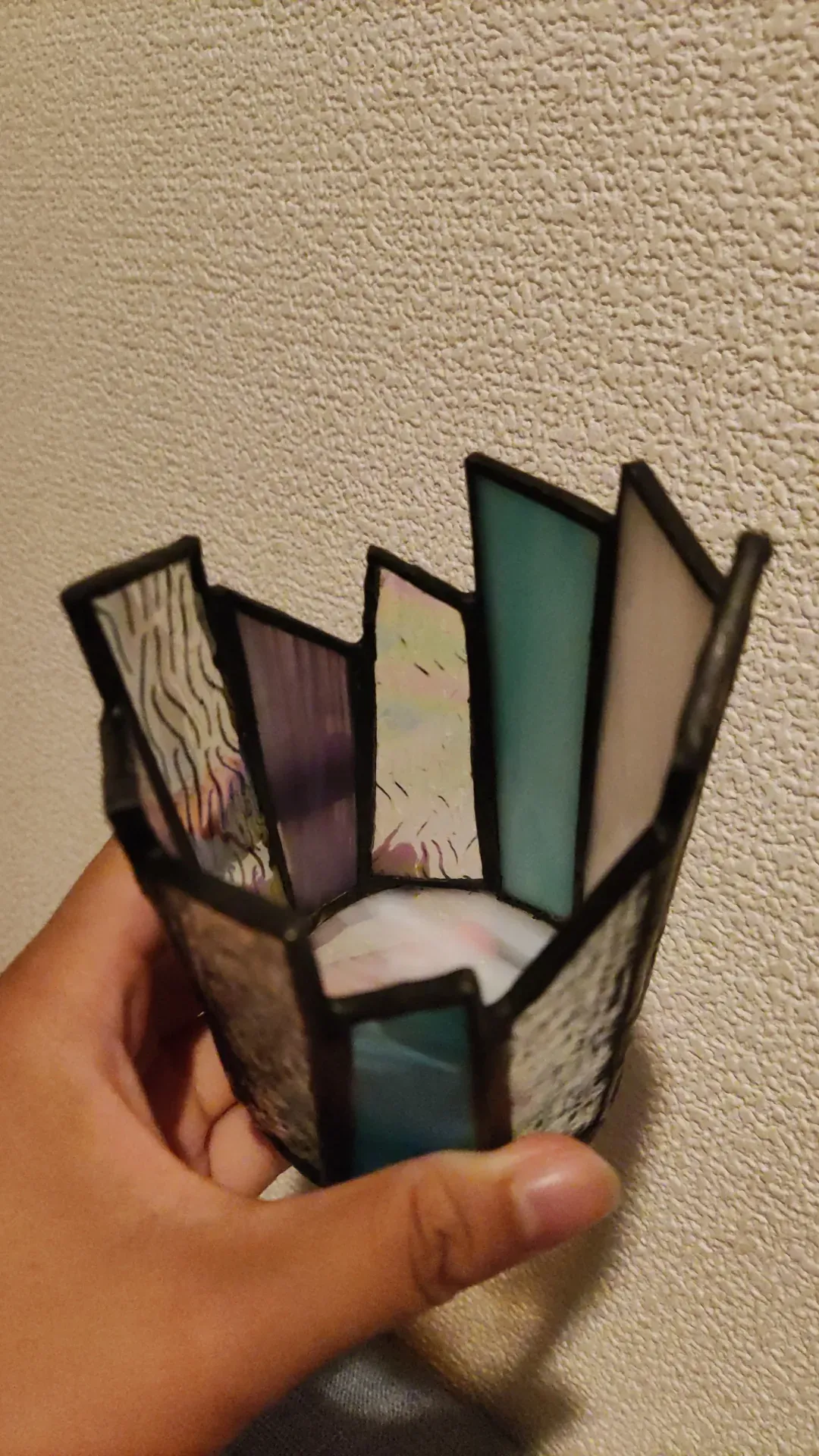 Stained-glass votive, pastel panels cut like a crown